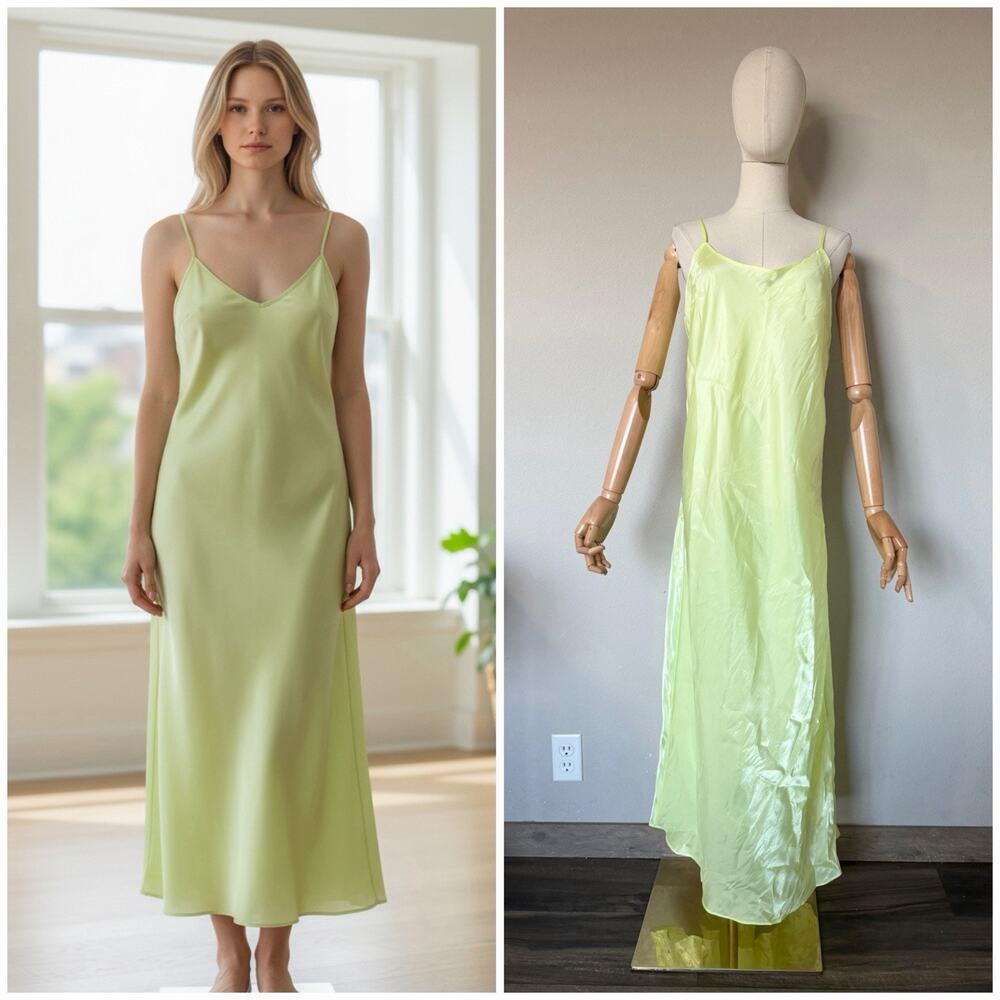 Victoria's Secret Y2K Lime Green Satin Slip Dress Midi Cami Lingerie Sz L NWOT